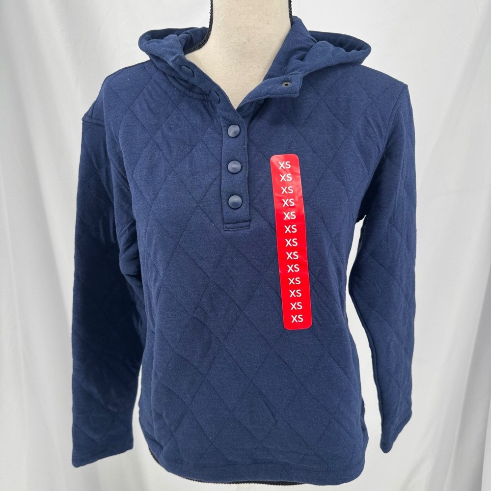 Lands End Womens Navy Blue Quilted Pullover Hoodie Snap Neck XS 0-2 New